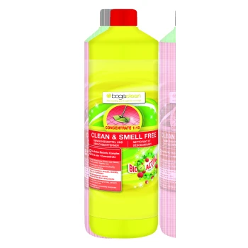 Helle gelbe Flasche BogaClean Haustierhygiene-Reiniger, beschriftet mit "CLEAN & SMELL FREE", mit einem roten Deckel und Details über seinen bioaktiven Bakterienkomplex.
