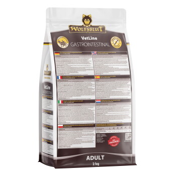Wolfsblut VetLine Gastrointestinal Haustierfutterbeutel, 2 kg, mit mehrsprachigen Nährwertinformationen und Ansprüchen für erwachsene Hunde.