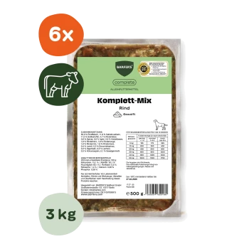 BARFER'S Komplett-Mix Rind Gewolft Hundefutterpackung (500 g) mit Aufschrift 'Komplett-Mix Rind Gewolft', orangener 6x-Markierung und grünem 3 kg-Emblem.