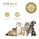 Fünf Katzen verschiedener Rassen und Farben mit dem Text "Für alle Katzenrassen", der die Sicherheit für alle Felltypen, Kätzchen und tragende Katzen betont.