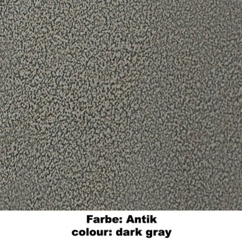 Dunkelgraues Haustierprodukt mit einem strukturierten Rand, beschriftet mit "Farbe: Antik" und "colour: dark gray" am unteren Rand.