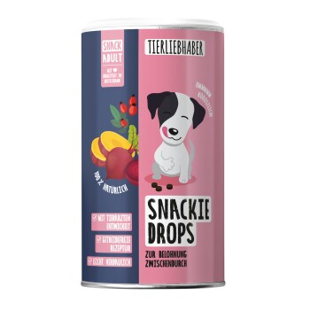 Behälter mit 'Snackie Drops' Haustierleckerlis, 250g, mit einem Pfotenabdruckdesign und dem Markennamen 'Tierliebhaber' deutlich sichtbar.