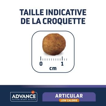 Croquettes pour animaux avec une règle pour la taille, étiquetées "Taille indicative de la croquette" et "ADVANCE VETERINARY DIETS ARTICULAR LOW CALORIE."