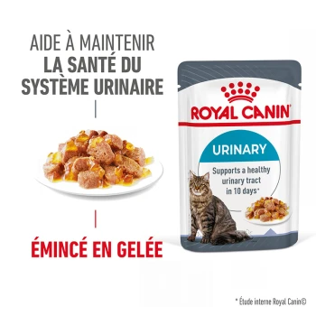 Pochette de nourriture pour chat Royal Canin Urinary, présentant une assiette de nourriture humide avec des morceaux dans de la gelée, promouvant la santé urinaire en 10 jours.