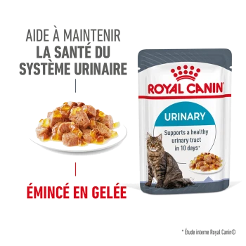Pochette de nourriture pour chat Royal Canin Urinary, présentant une assiette de nourriture humide avec des morceaux dans de la gelée, promouvant la santé urinaire en 10 jours.