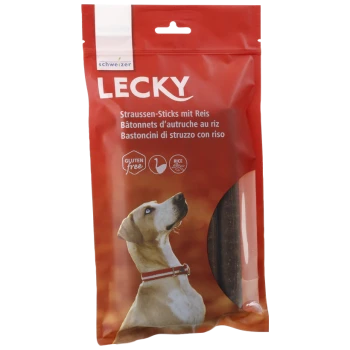 Rote Verpackung für Lecky-Ostrich-Sticks mit Reis, mit einem Hund, der nach oben schaut. Der Text enthält "Glutenfrei" und "Reis."