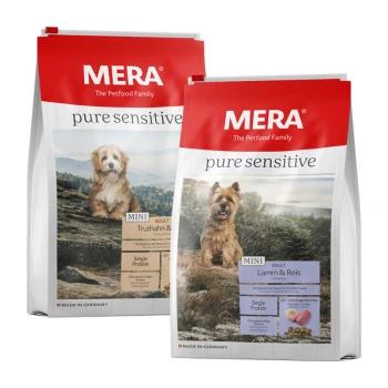 Zwei Säcke MERA pure sensitive Hundefutter: "MINI ADULT Truthahn & Reis" und "MINI ADULT Lamm & Reis."