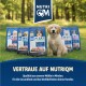 Golden Retriever Welpe sitzt auf Gras mit Nutri QM M!EAT Hundefutterbeuteln im Hintergrund, deutscher Text zur Qualitätsförderung.