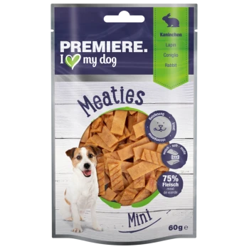Haustierleckerlitasche mit der Aufschrift "Premiere I ♥ my dog," mit kaninchenaromatisierten Mini-Fleischsnacks, mit "75% Fleisch" und 60g Gewicht.