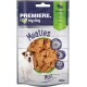 Haustierleckerlitasche mit der Aufschrift "Premiere I ♥ my dog," mit kaninchenaromatisierten Mini-Fleischsnacks, mit "75% Fleisch" und 60g Gewicht.