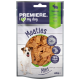 Haustierleckerlitasche mit der Aufschrift "Premiere I ♥ my dog," mit kaninchenaromatisierten Mini-Fleischsnacks, mit "75% Fleisch" und 60g Gewicht.