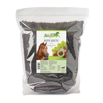 Eine transparente Tüte Stiefel Rote Beete (Rote-Bete-Flakes) für Pferde, mit einem Pferdebild und grünem Etikett, 1,7 kg.