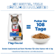 7-kg-Katzenfutterbeutel mit getigerter Katze und Schale mit Kroketten; sichtbarer Text: 'Ein Beutel...' und 'Futter für 108 Tage'.