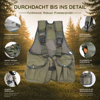 Grüne Trainingsweste für Haustiere mit Tasche, die ein orangefarbenes Gummispielzeug, eine pelzige Attrappe und eine blaue Stoff-Trainingshilfe mit „R R“-Text hält.