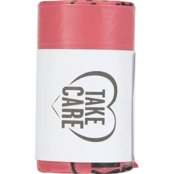 poo bags A roll of pink pet waste bags with a white label that reads "TAKE CARE" in bold black letters.