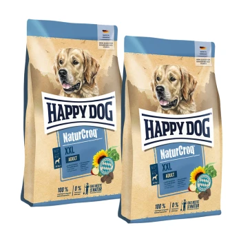 Zwei Beutel Happy Dog NaturCroq XXL Adult Hundefutter mit Bild eines Golden Retrievers und Sonnenblumengrafik.
