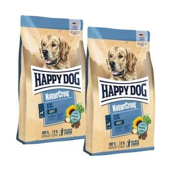 Zwei Beutel Happy Dog NaturCroq XXL Adult Hundefutter mit Bild eines Golden Retrievers und Sonnenblumengrafik.