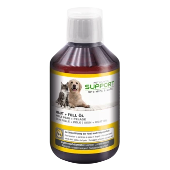 Flasche von Petbalance Support Haut- und Fellöl für Haustiere, mit einem Hund und einer Katze auf dem Etikett, mit mehrsprachigem Text zu Vorteilen und Anwendung.