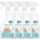 Vier Flaschen OptiPet Reinigungsspray zur Geruchs- und Fleckenentfernung, mit einem Holzboden und einem sichtbaren Fleck.