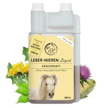 Flasche mit "Leber-Nieren Liquid" Kräutersaft für Pferde, mit einem Bild eines weißen Pferdes, mit Text, der die Unterstützung des Stoffwechsels hervorhebt.