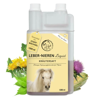 Flasche mit "Leber-Nieren Liquid" Kräutersaft für Pferde, mit einem Bild eines weißen Pferdes, mit Text, der die Unterstützung des Stoffwechsels hervorhebt.
