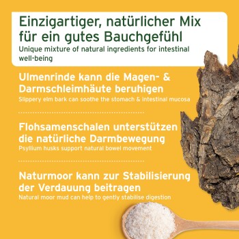 Gelbes Produktetikett: „Einzigartiger, natürlicher Mix für ein gutes Bauchgefühl“ mit Rinde und Löffel mit weißem Pulver
