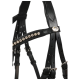 Schwarzes Leder-Haustiergeschirr, verziert mit funkelnden Strasssteinen, mit verstellbaren Riemen und Metall-Schnallen.
