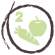 Icône représentant une pomme verte et une carotte avec le numéro "2" au-dessus, dans un contour circulaire marron.