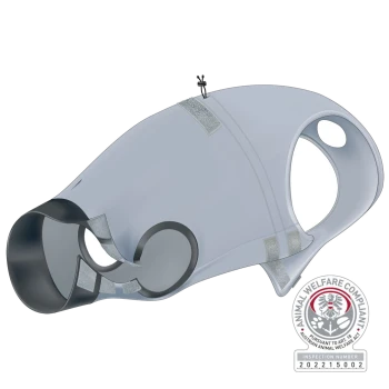A gray pet muzzle with a sleek design, featuring adjustable straps and a circular opening, labeled "ANIMAL WELFARE COMPLIANT."