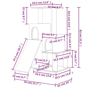 Illustration eines Katzenbaums mit Abmessungen in Zentimetern und Zoll, mit Plattformen, einer Rampe und Tunneln.
