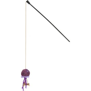 Ein lila Quallen-Katzenspielzeug, das an einem schwarzen Stock befestigt ist, mit einem lächelnden Gesicht und bunten Tentakeln.