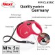 Bright pink flexi dog leash with ergonomic grip, sturdy tape, and braking system. For medium dogs up to 25 kg, 5m length. Made in Germany.