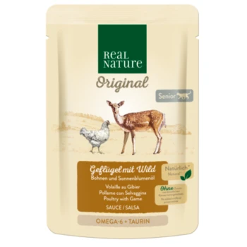 Tüte mit Real Nature Original Senior Hundefutter, beschriftet "Geflügel mit Wild" mit Illustrationen von Huhn und Reh.
