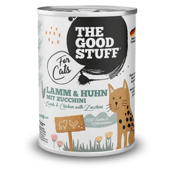 Dose Katzenfutter mit Aufschrift "THE GOOD STUFF For Cats" — "Lamm & Huhn mit Zucchini", cartoonartige Katze und Blumen