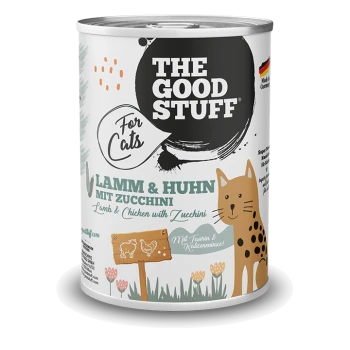 Dose Katzenfutter mit Aufschrift "THE GOOD STUFF For Cats" — "Lamm & Huhn mit Zucchini", cartoonartige Katze und Blumen