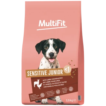 Rosa MultiFit Hundefutterbeutel mit Aufschrift 'SENSITIVE JUNIOR <1' und Welpenbild, 'mit Lamm, Huhn & Reis', 2,5 kg