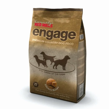 Brown bag of Connolly's Red Mills Engage Premium Country Dog Food featuring a chicken recipe, with silhouettes of dogs and nutritional claims.