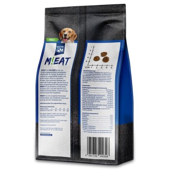 Hundefutterpackung mit der Aufschrift 'M!EAT' von NutriQM, mit einem Beagle auf der Vorderseite und Zutaten- sowie Nährwertangaben auf der Rückseite.