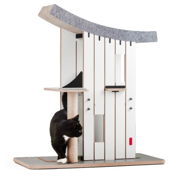 Design-Kratzmöbel Wuzhen Eine schwarz-weiße Katze erkundet einen modernen Katzenbaum mit einer gebogenen Filzoberseite, einem Kratzbaum und mehreren Plattformen.
