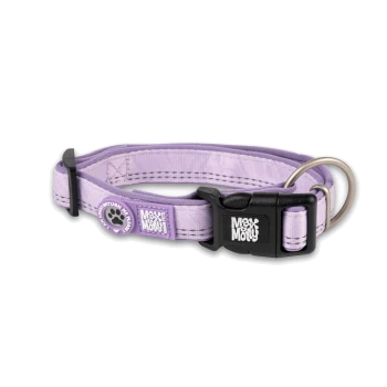 Lavendelfarbenes Max & Molly Haustierhalsband mit schwarzer Schnalle und Metallring, mit den Anhängern „Max & Molly“ und „Return if lost“.