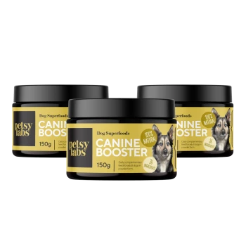 Drei Gläser "Petsy Labs Canine Booster" Hundesuperfoods, jeweils 150g, gekennzeichnet als 100% natürlich mit 26 Zutaten, entwickelt für erwachsene Hunde.