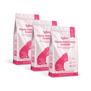 Drei rosa-weiße KatKare-Katzenfutterbeutel mit der Aufschrift 'Frische Pute & Huhn Essential' und 'Alleinfutter' sowie einer rosa Katzensilhouette