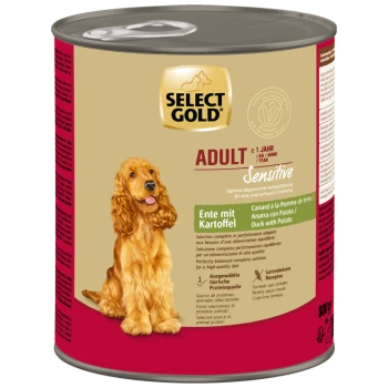 Select Gold Adult Sensitive dog food can with a golden retriever image, Duck with Potato flavor, 800g.