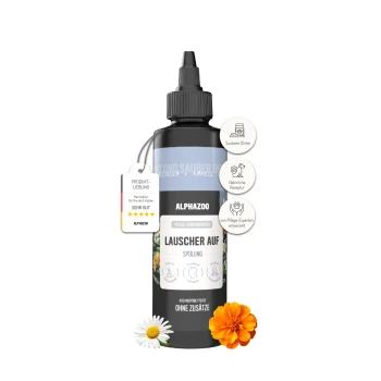 ALPHAZOO Beauty Ohrenreiniger für Hunde und Katzen mit Kamille und Ringelblume, gekennzeichnet mit "Produkt Favorit" und einer 5-Sterne-Bewertung.