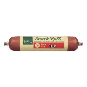 Snackrolle für Haustiere, mit 75% Rindfleisch, mit 'Real Nature'-Markierung und Text auf Deutsch, der angibt, dass es sich um eine feste Snackwurst handelt.
