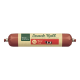 Snackrolle für Haustiere, mit 75% Rindfleisch, mit 'Real Nature'-Markierung und Text auf Deutsch, der angibt, dass es sich um eine feste Snackwurst handelt.