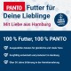 PANTO Haustierfutter-Werbung mit dem Slogan 'Futter für Deine Lieblinge' und Highlights von 100% Qualitätszutaten, hergestellt in Hamburg.
