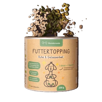 Dose Hunderunde Futtertopping für Hunde zur Beruhigung, 250g, mit natürlichen Zutaten und Spendeninformationen auf dem Etikett.