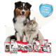 Un chien et un chat posent avec des produits de soins dentaires, y compris du dentifrice et des brosses, avec un badge "DENTAL CARE SYSTEM."