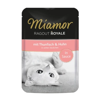 Torebka karmy dla kotów Miamor Ragout Royale z zabawnym białym kotem na przodzie, oznaczona 'mit Thunfisch & Huhn in Sauce.'